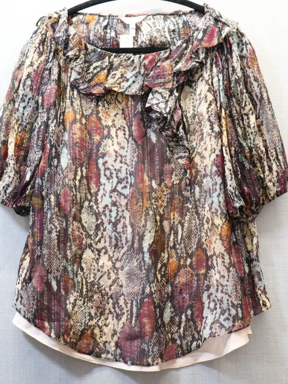 NWT Rebecca Taylor XL SILK Blouse Watercolor Snake Print Gold Metallic Ruffle